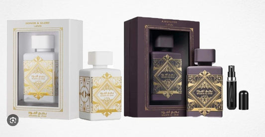 ✨ Set de Lujo Unisex: Lattafa Honor &amp; Glory + Lattafa Amethyste + Perfumero Recargable ID:104820-9