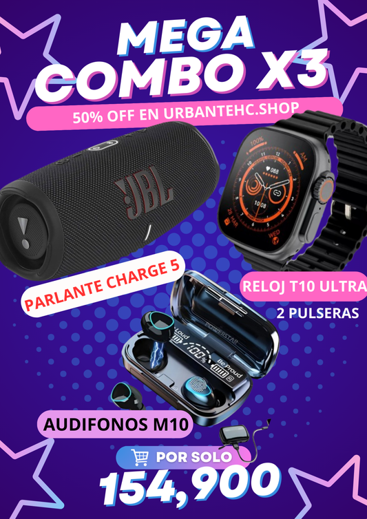 Mega  Combo X3 parlante JBL Charge5, Audifonos M10, Reloj Inteligente T10Ultra