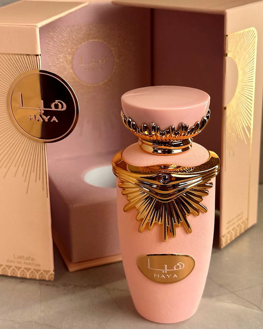 🌹👑 HAYA by LATTAFA 100ML – ESTUCHE DE LUJO + PERFUMERO RECARGABLE GRATIS  Perfume de dama – Exquisito, elegante y 100% árabe
